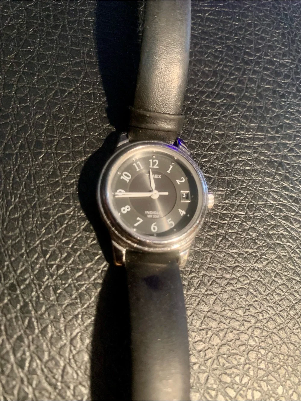 Timex Black Dial Silver Case Leather Strap Watch